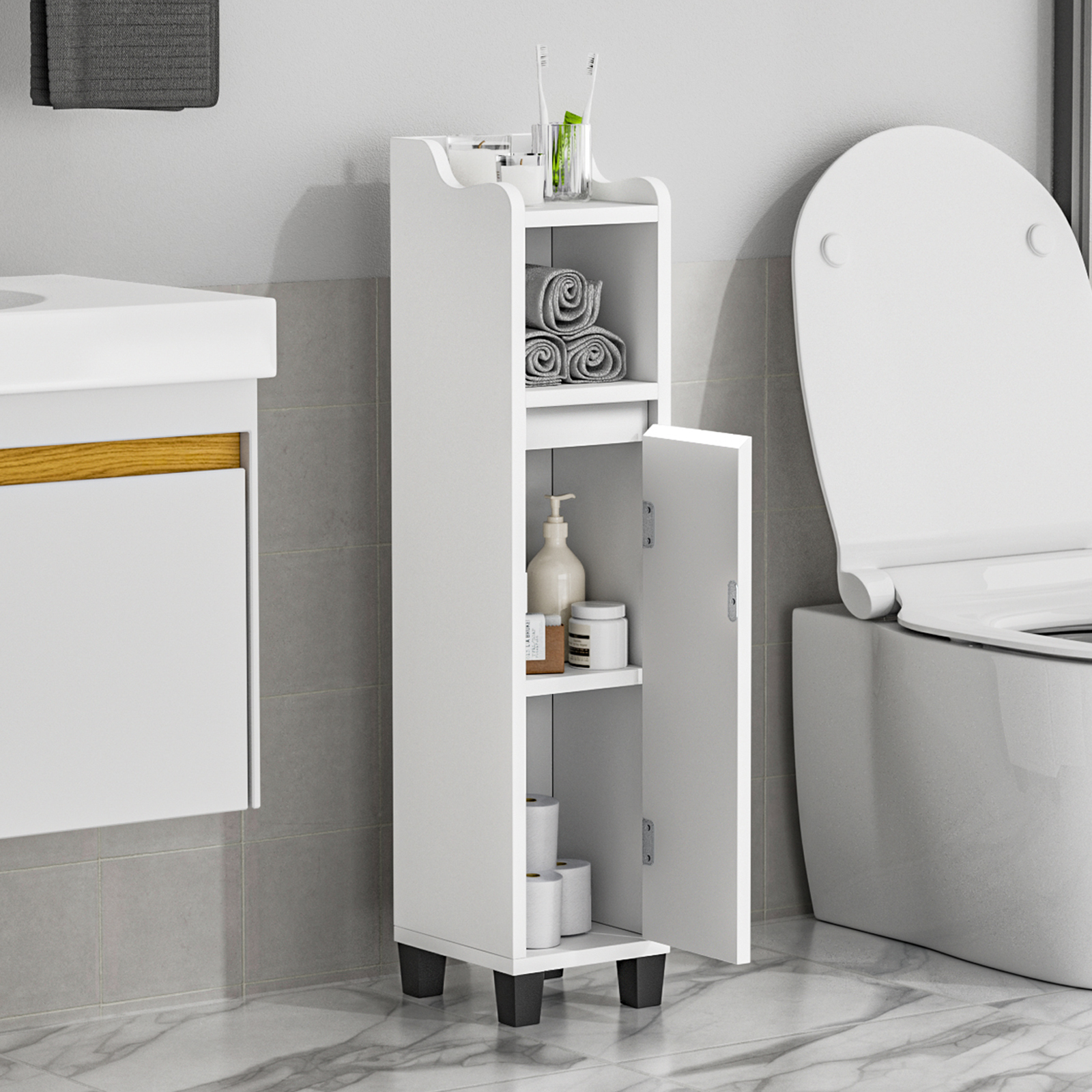 Anmytek Bathroom Storage Cabinet, Corner Floor Cabinet with Shelves Narrow Toilet Open Storage