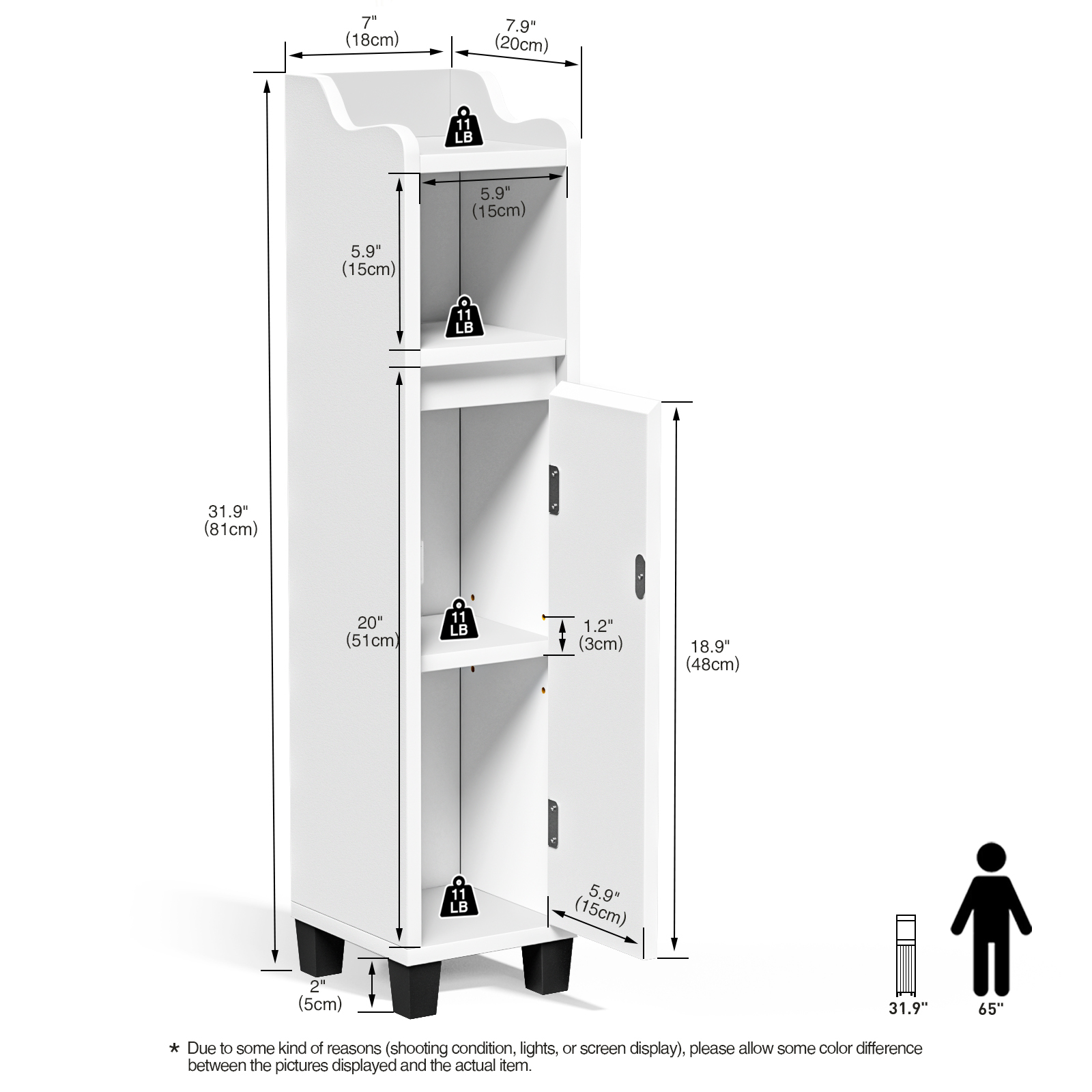 Anmytek Bathroom Storage Cabinet, Corner Floor Cabinet with Shelves Narrow Toilet Open Storage