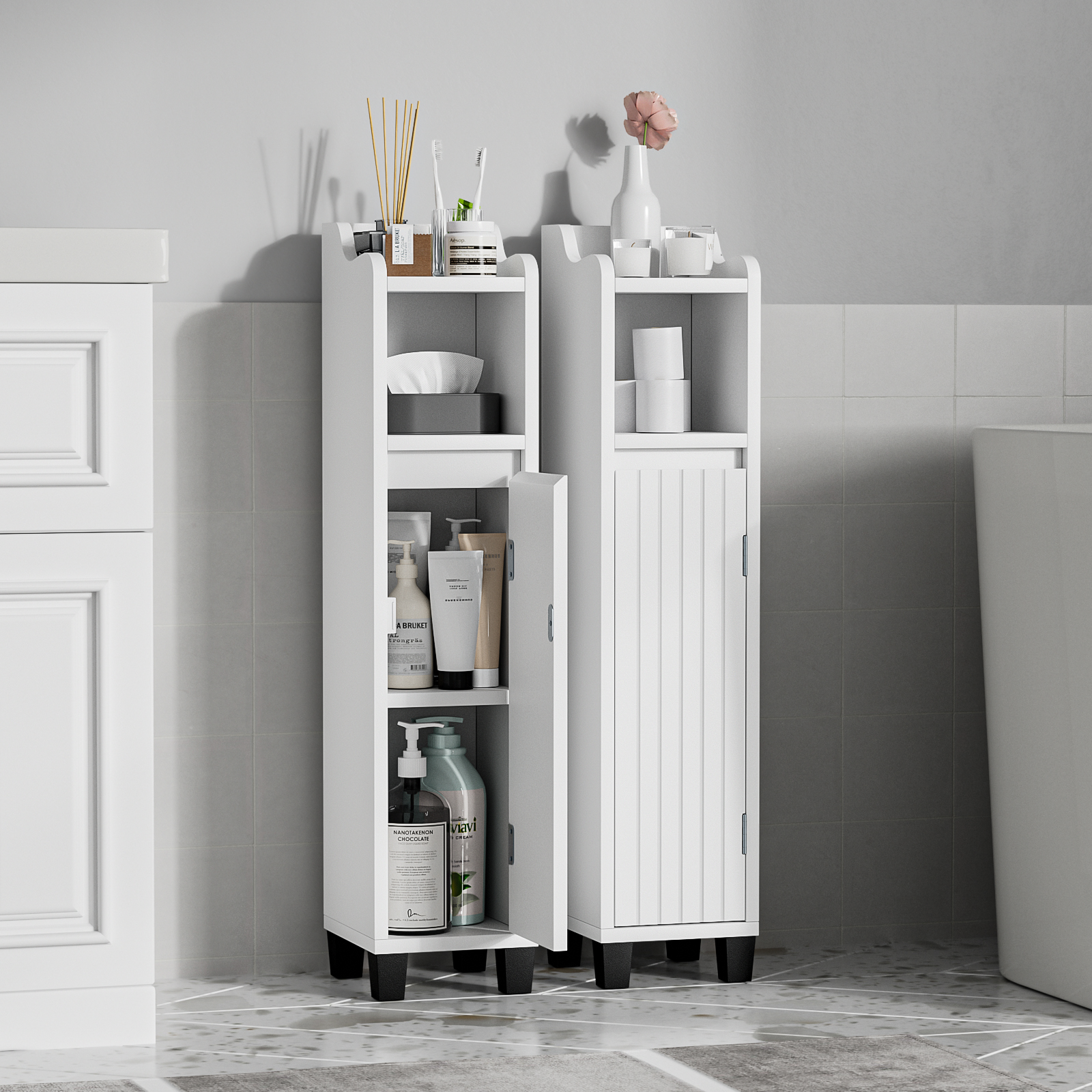 Anmytek Bathroom Storage Cabinet, Corner Floor Cabinet with Shelves Narrow Toilet Open Storage