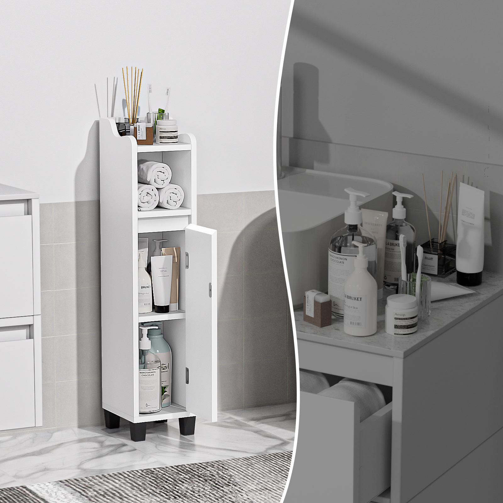 Anmytek Bathroom Storage Cabinet, Corner Floor Cabinet with Shelves Narrow Toilet Open Storage