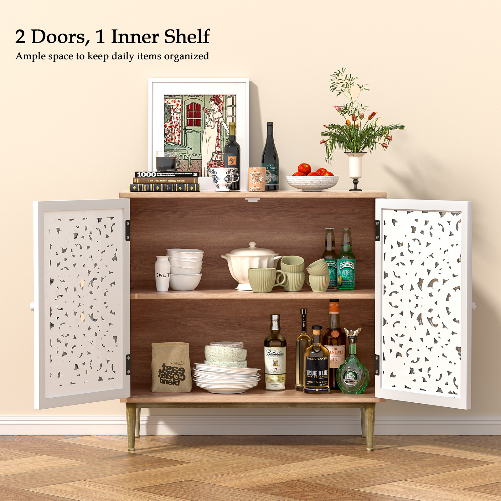 Anmytek Accent Cabinet with 2 Doors, Carved Cabinet Decorative Sideboard Storage Cabinet with Adjustable Shelf