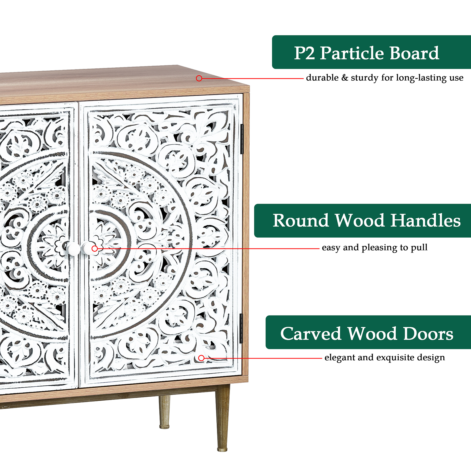 Anmytek Accent Cabinet with 2 Doors, Carved Cabinet Decorative Sideboard Storage Cabinet with Adjustable Shelf