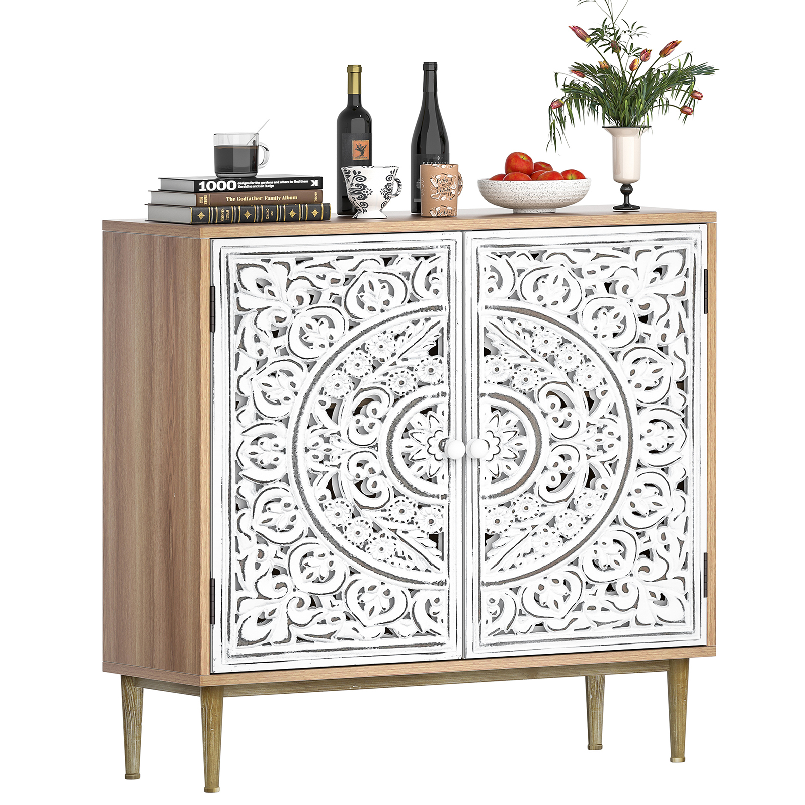 Anmytek Accent Cabinet with 2 Doors, Carved Cabinet Decorative Sideboard Storage Cabinet with Adjustable Shelf