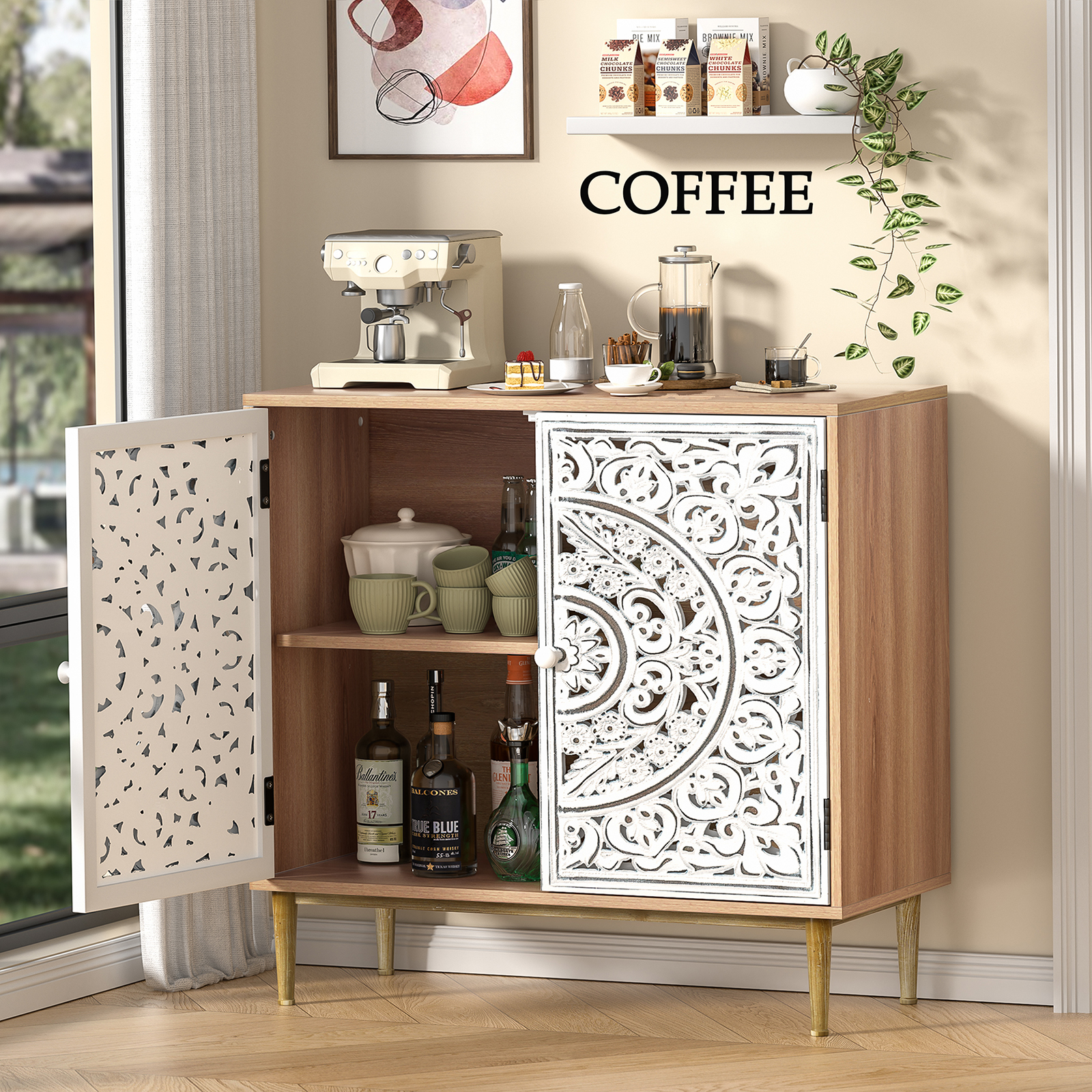 Anmytek Accent Cabinet with 2 Doors, Carved Cabinet Decorative Sideboard Storage Cabinet with Adjustable Shelf