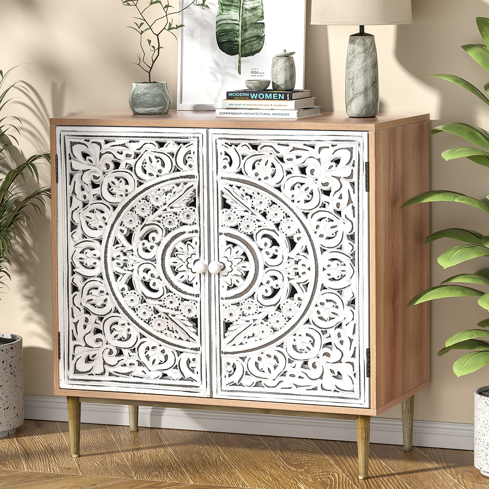 Anmytek Accent Cabinet with 2 Doors, Carved Cabinet Decorative Sideboard Storage Cabinet with Adjustable Shelf