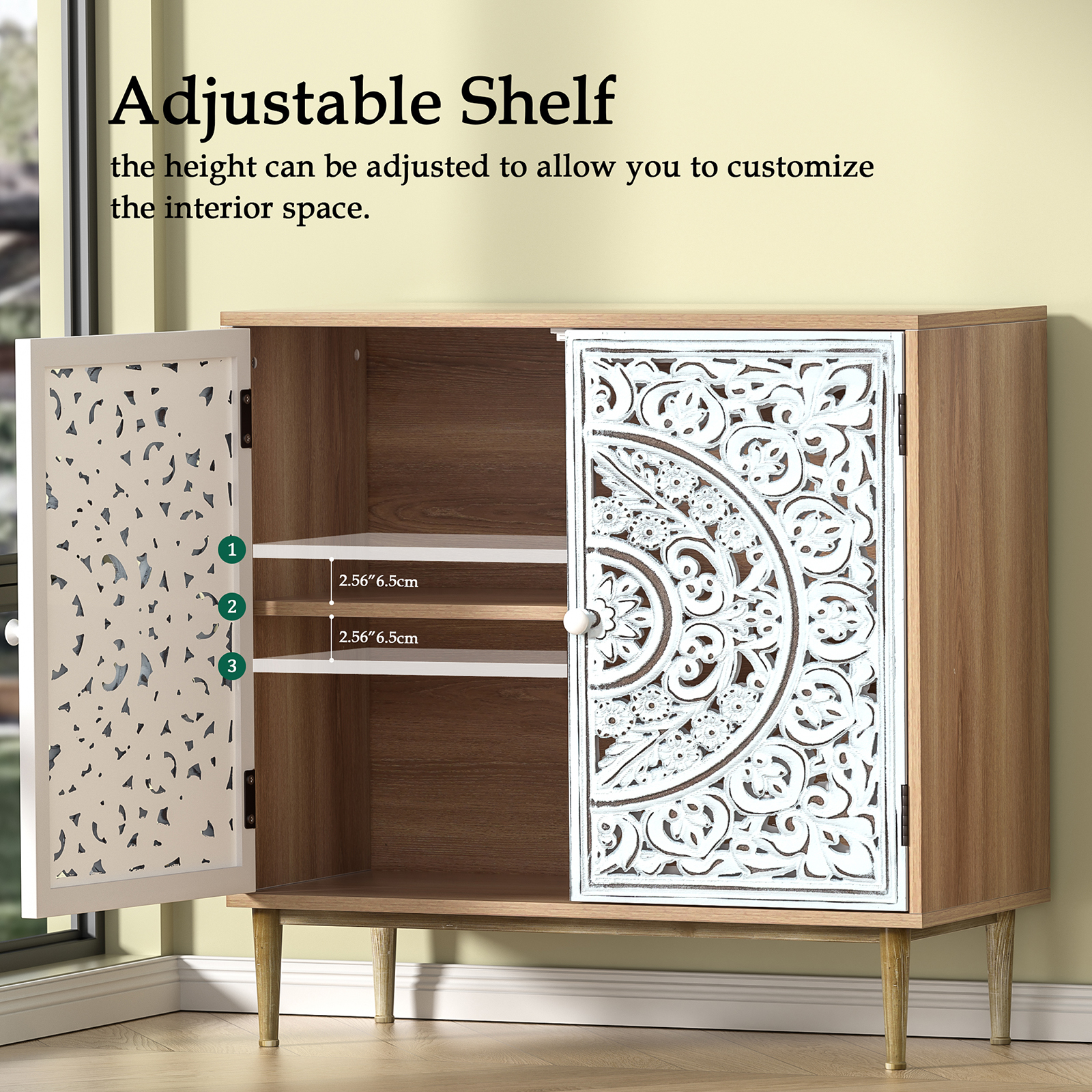 Anmytek Accent Cabinet with 2 Doors, Carved Cabinet Decorative Sideboard Storage Cabinet with Adjustable Shelf
