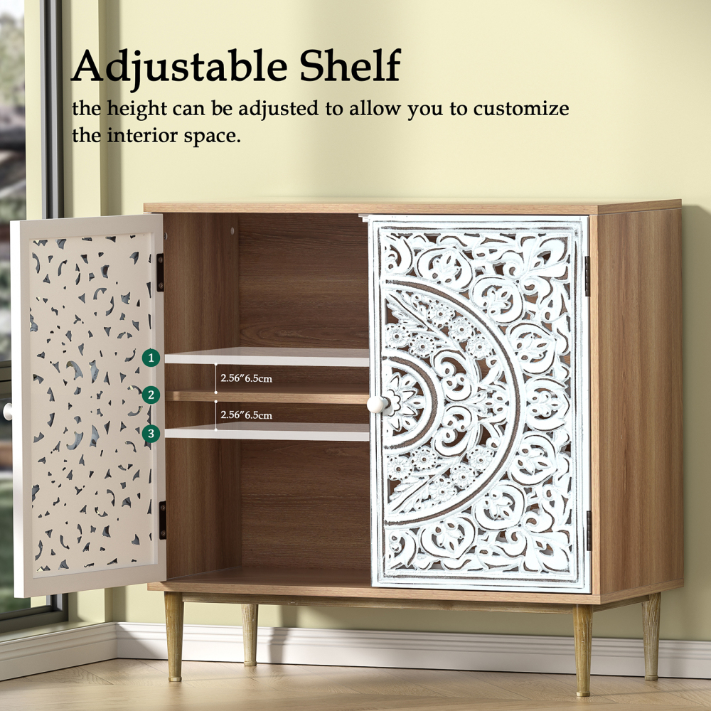 Anmytek Accent Cabinet with 2 Doors, Carved Cabinet Decorative Sideboard Storage Cabinet with Adjustable Shelf