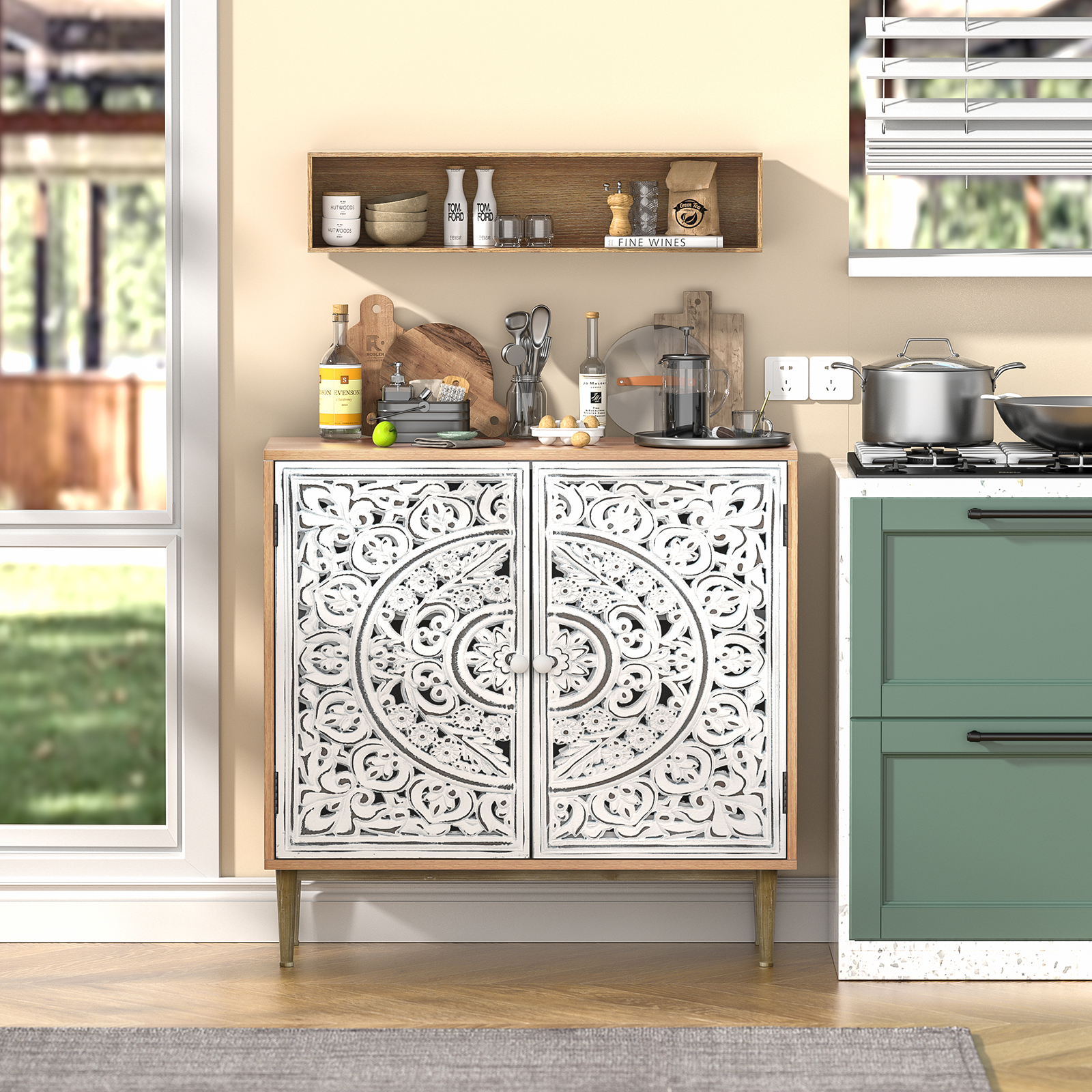 Anmytek Accent Cabinet with 2 Doors, Carved Cabinet Decorative Sideboard Storage Cabinet with Adjustable Shelf