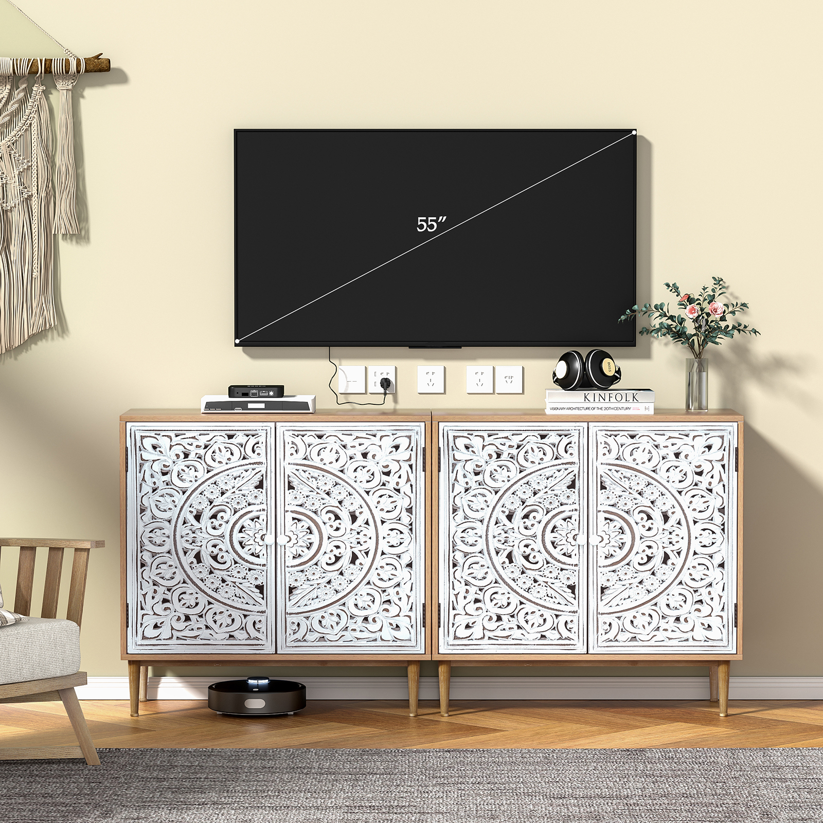 Anmytek Accent Cabinet with 2 Doors, Carved Cabinet Decorative Sideboard Storage Cabinet with Adjustable Shelf