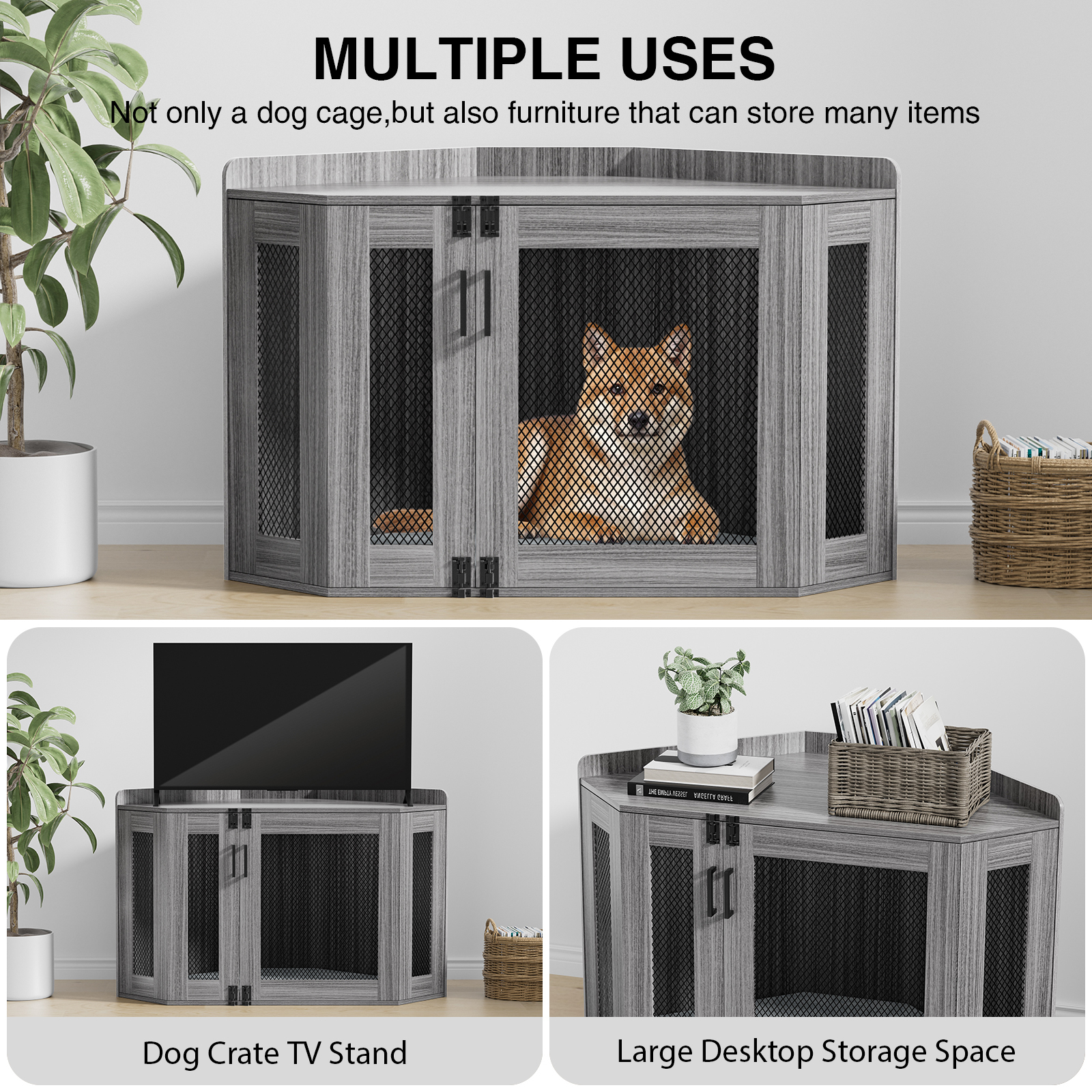 Anmytek Wooden Corner Dog Crate Furniture, Wooden Dog Kennel End Table