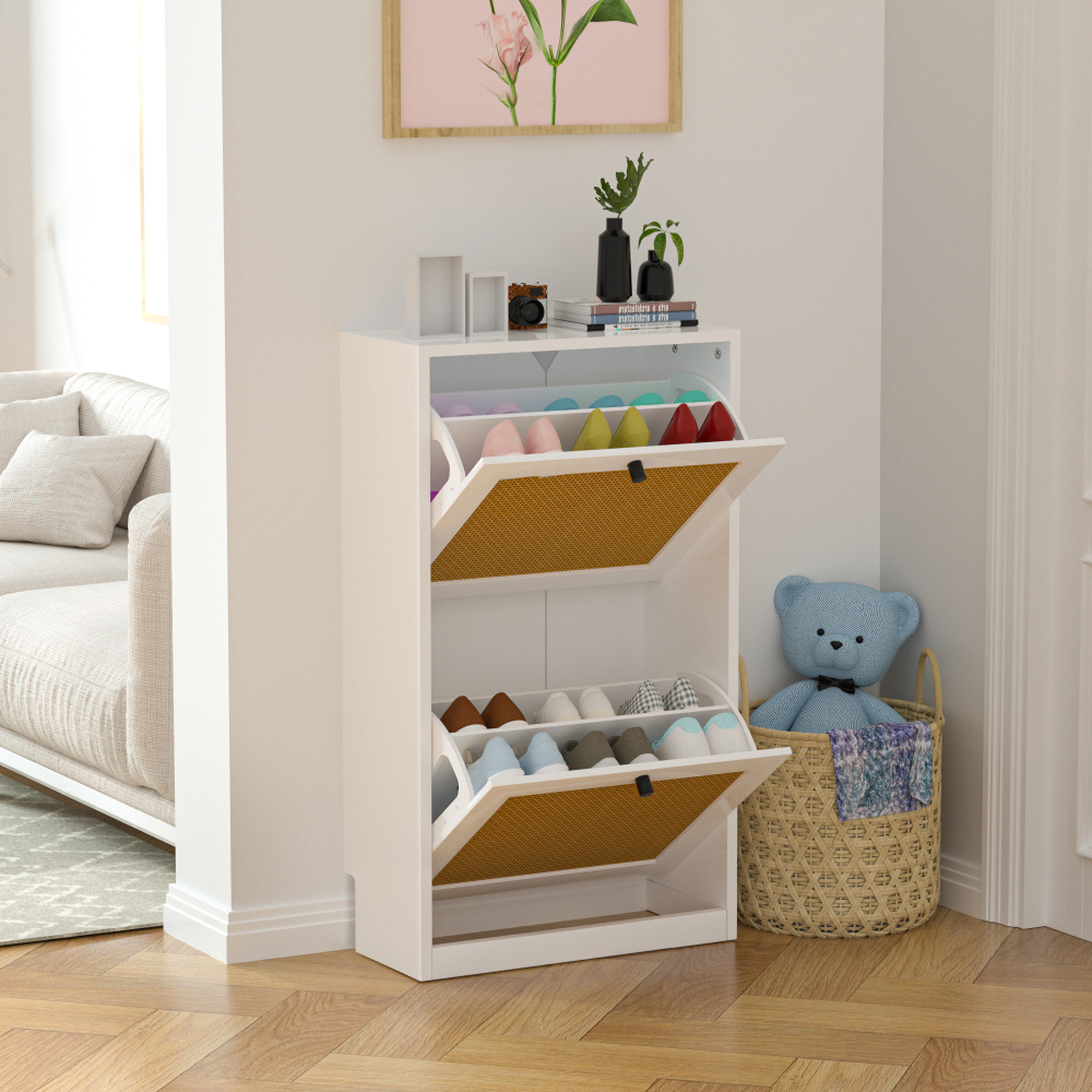 Anmytek Natural Rattan Shoe Storage Cabinet with 4 Flip Drawers, Freestanding Shoe Cabinet