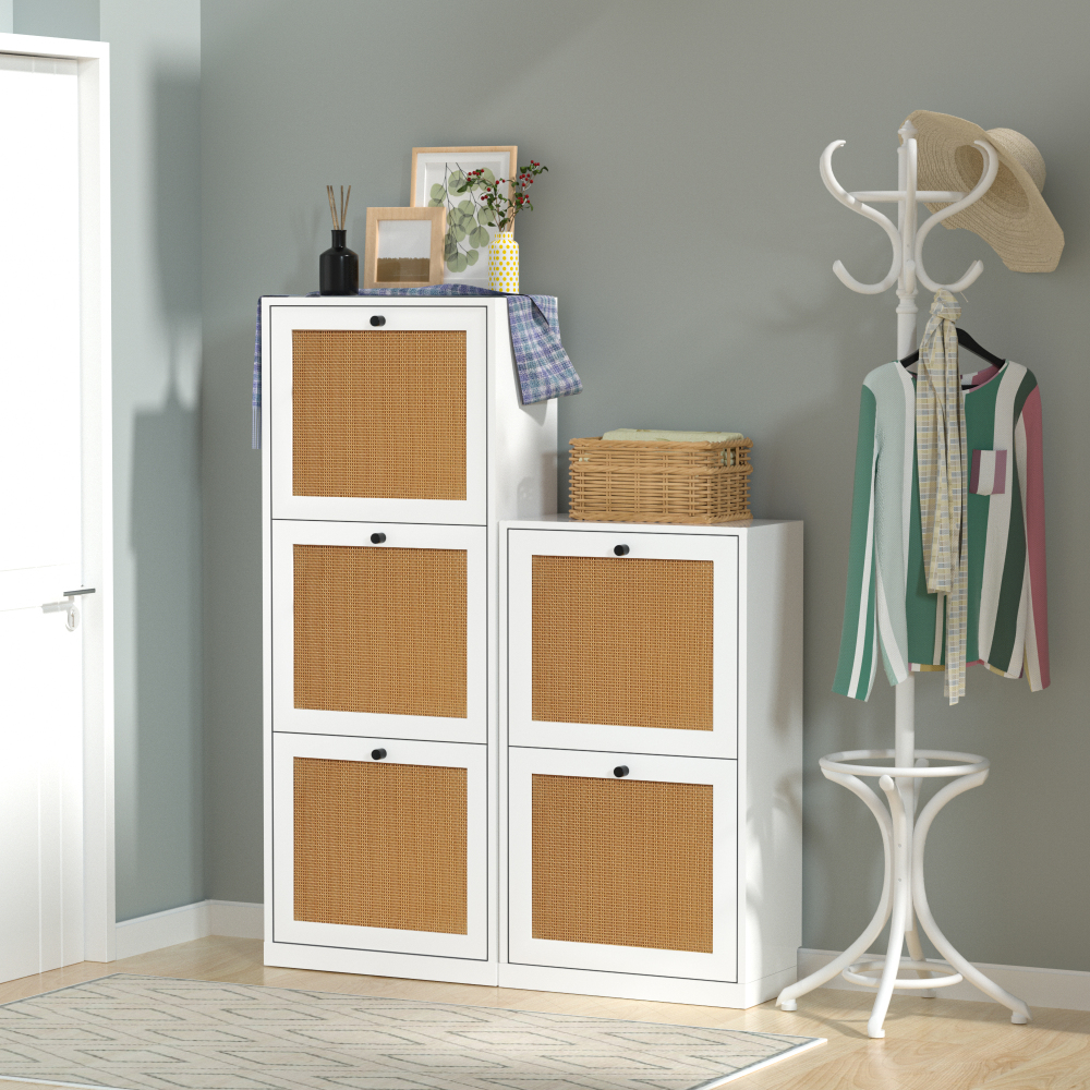 Anmytek Rattan Black Shoe Cabinet with 2 Flip Drawers, Narrow Shoe Storage Cabinet for Entryway