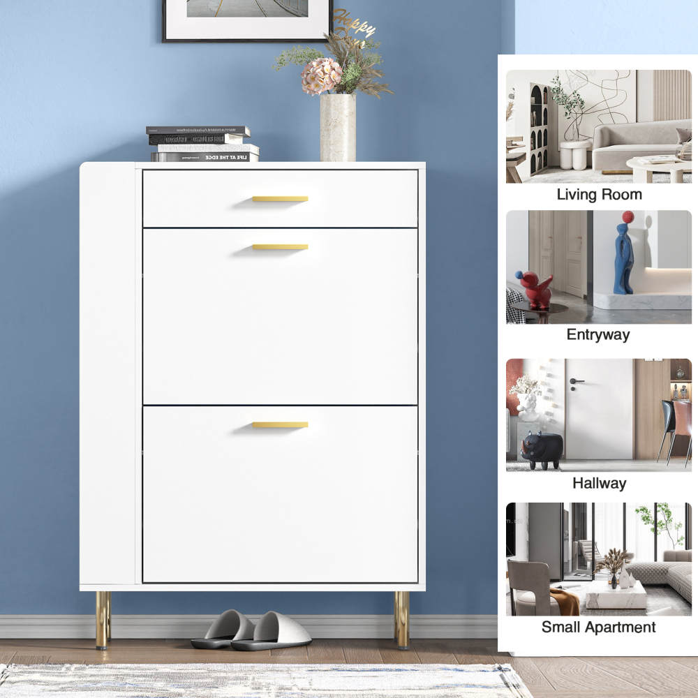 Anmytek Black Shoe Cabinet with 2 Flip Drawers, Modern Freestanding Shoe Rack Storage Organizer Cabinet with Drawers