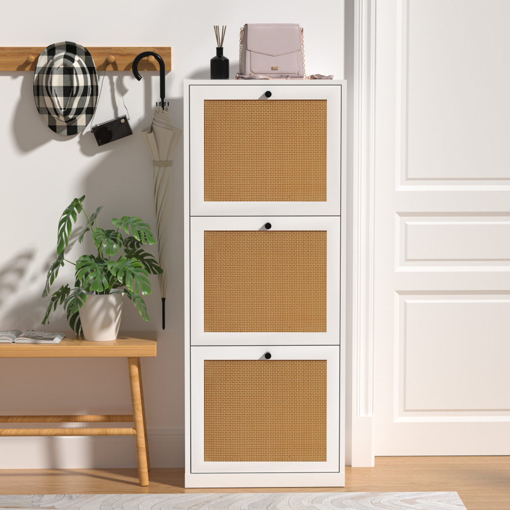 Anmytek Rattan Black Shoe Cabinet with 2 Flip Drawers, Narrow Shoe Storage Cabinet for Entryway