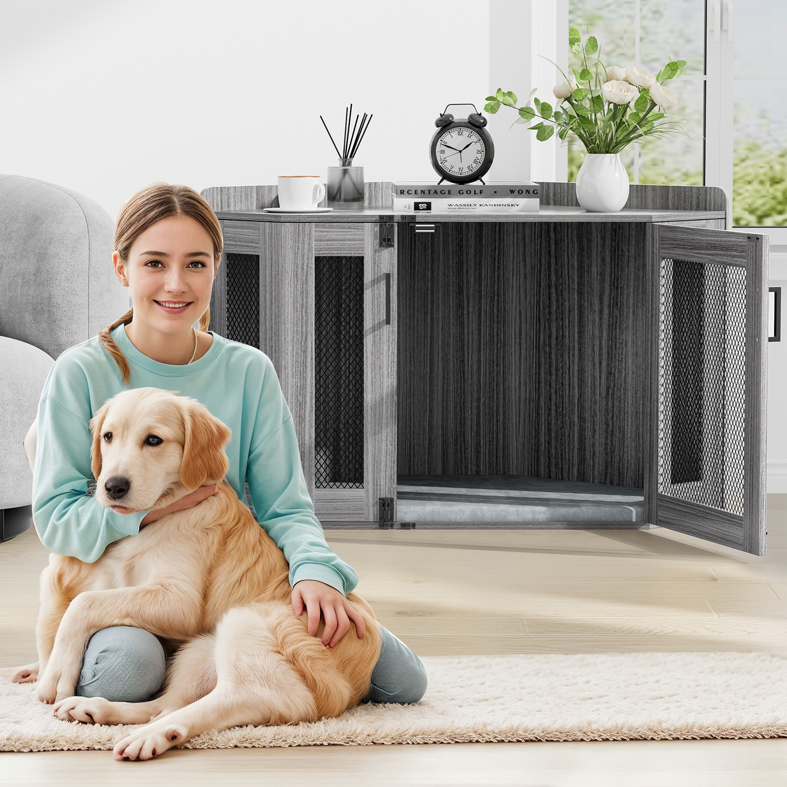 Anmytek Wooden Corner Dog Crate Furniture, Wooden Dog Kennel End Table