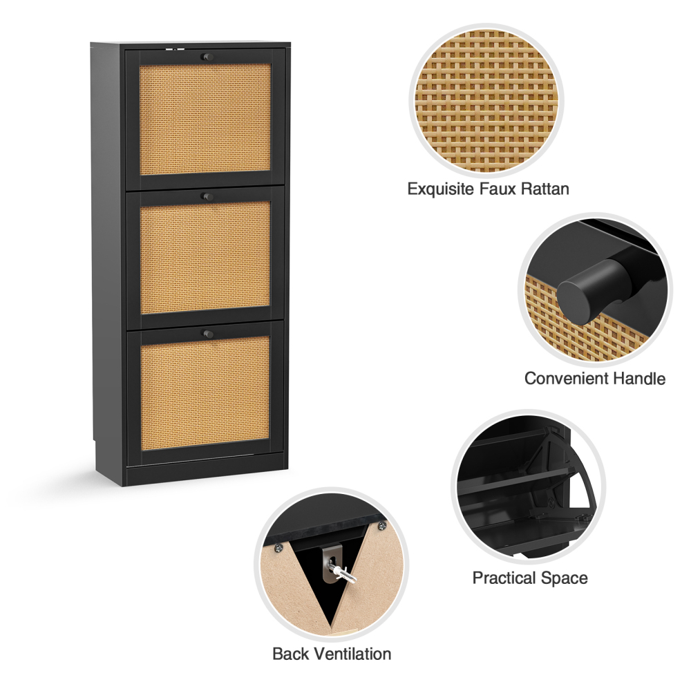 Anmytek Rattan Black Shoe Cabinet with 2 Flip Drawers, Narrow Shoe Storage Cabinet for Entryway