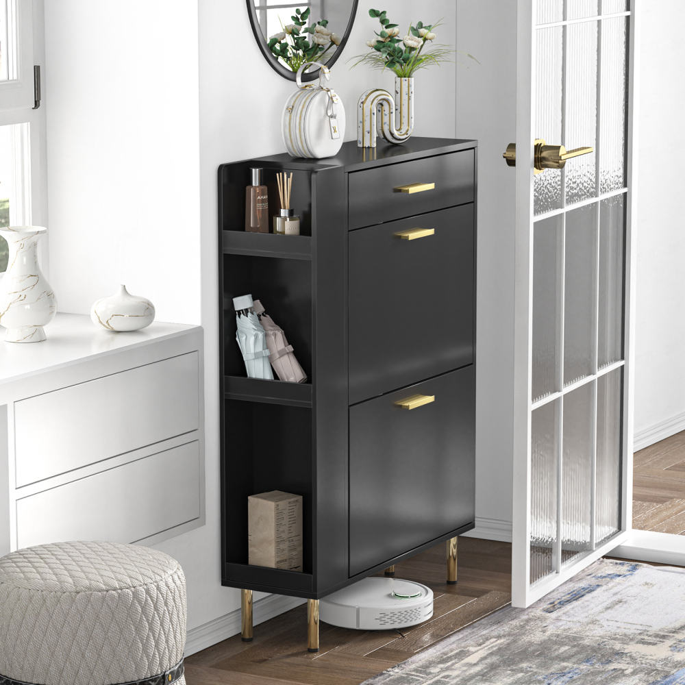 Anmytek White Shoe Cabinet with 2 Flip Drawers, Freestanding Shoe Rack Storage Organizer
