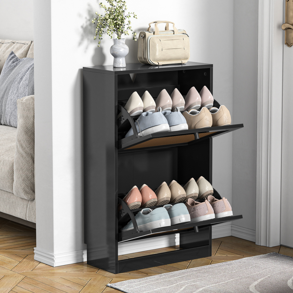 Anmytek Shoe Cabinet, 12 Pair Shoe Storage Organizer Cabinet, 3-Tier Rattan Shoe Cabinet with 3 Flip Drawers