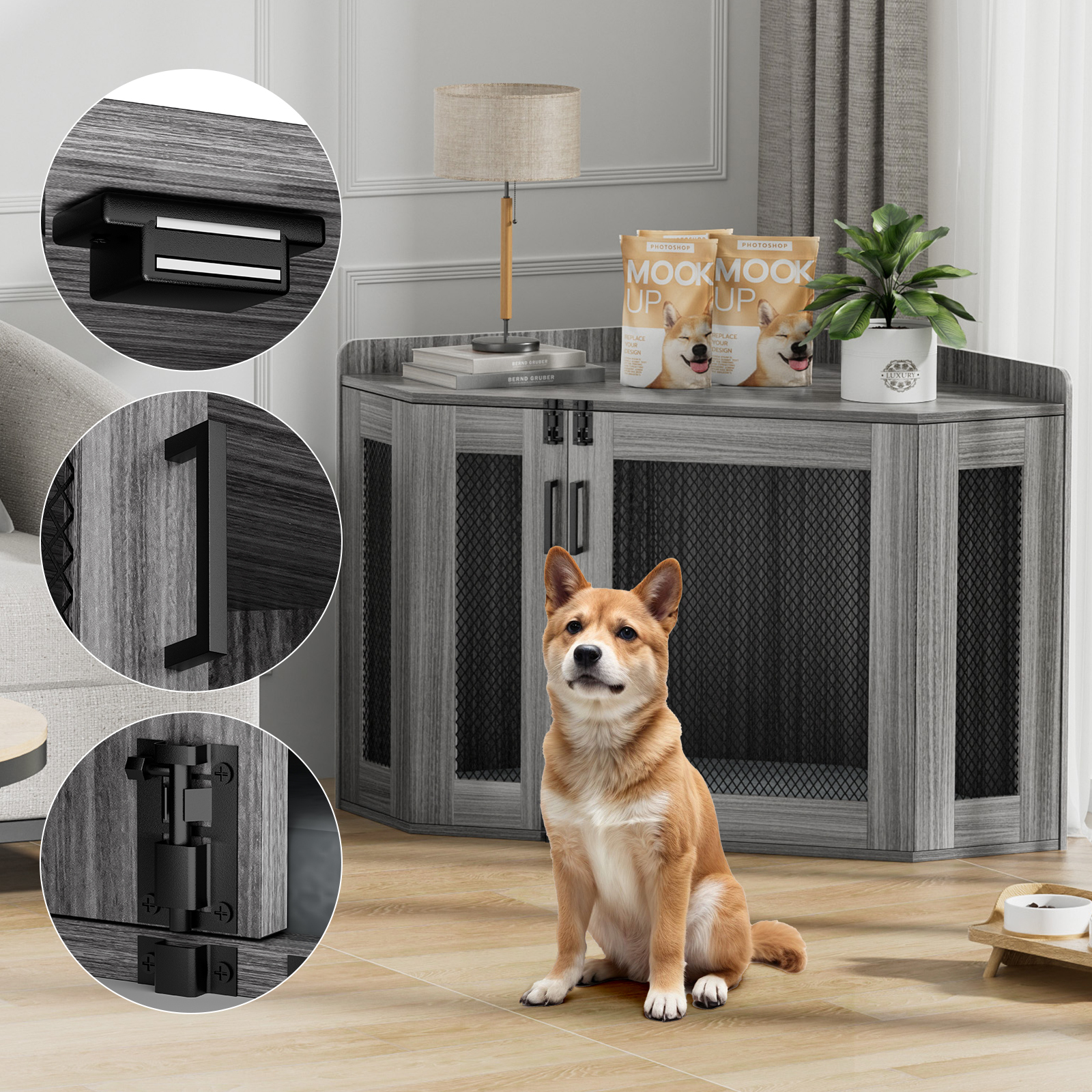 Anmytek Wooden Corner Dog Crate Furniture, Wooden Dog Kennel End Table
