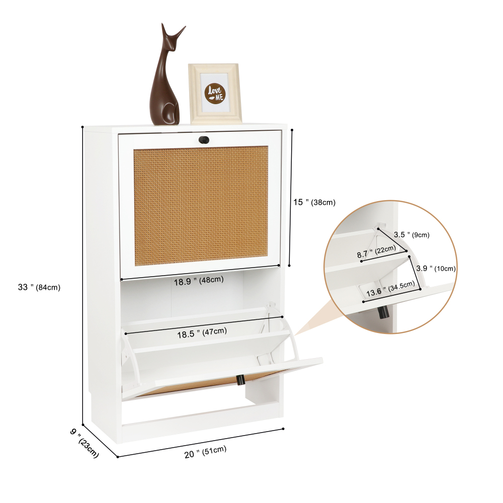 Anmytek Natural Rattan Shoe Storage Cabinet with 4 Flip Drawers, Freestanding Shoe Cabinet