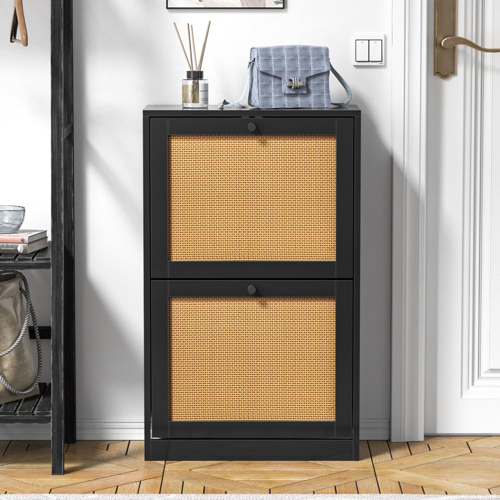 Anmytek Shoe Cabinet, 12 Pair Shoe Storage Organizer Cabinet, 3-Tier Rattan Shoe Cabinet with 3 Flip Drawers
