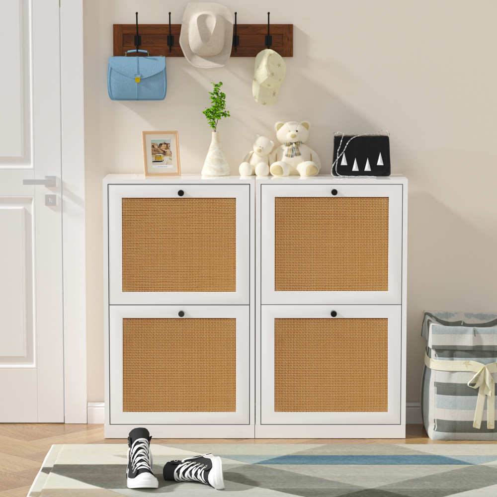 Anmytek Rattan Black Shoe Cabinet with 2 Flip Drawers, Narrow Shoe Storage Cabinet for Entryway
