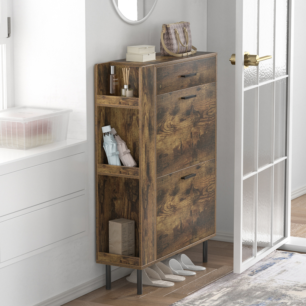 Anmytek White Shoe Cabinet with 2 Flip Drawers, Freestanding Shoe Rack Storage Organizer