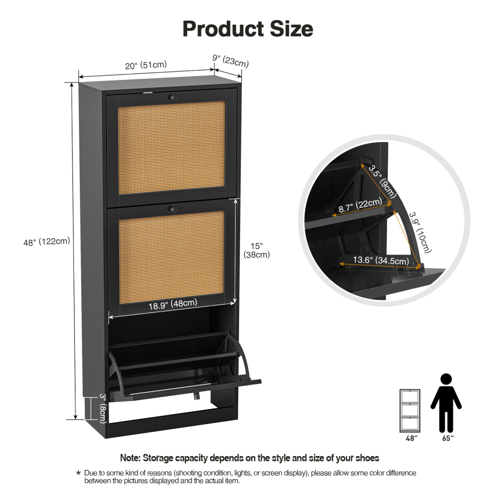 Anmytek Rattan Black Shoe Cabinet with 2 Flip Drawers, Narrow Shoe Storage Cabinet for Entryway