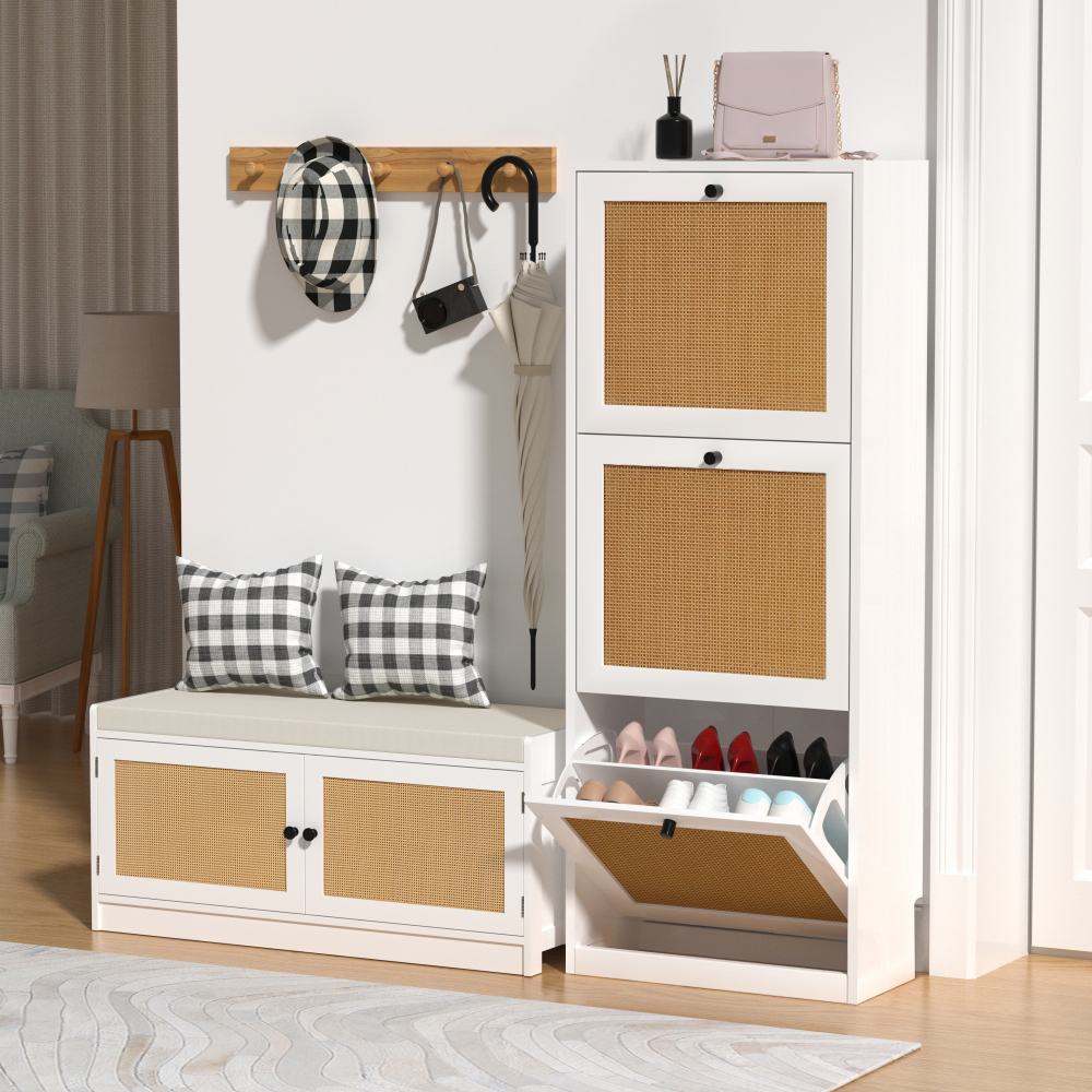 Anmytek Rattan Black Shoe Cabinet with 2 Flip Drawers, Narrow Shoe Storage Cabinet for Entryway