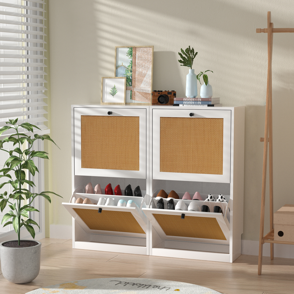 Anmytek Natural Rattan Shoe Storage Cabinet with 4 Flip Drawers, Freestanding Shoe Cabinet