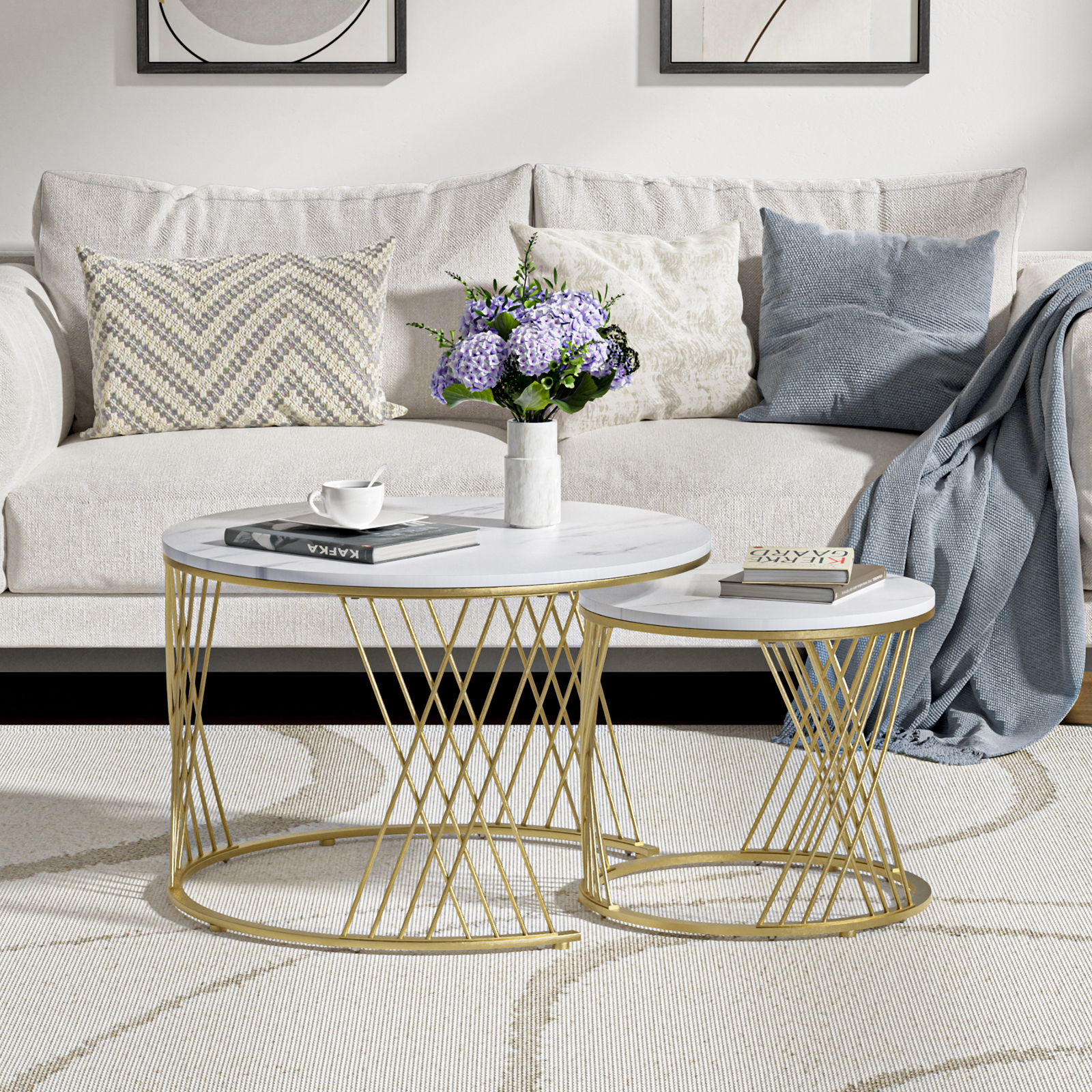Anmytek Black Round Coffee Table Set of 2, Nesting Coffee Table