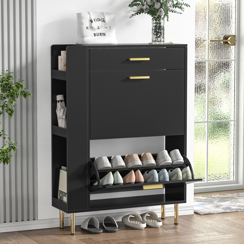 Anmytek White Shoe Cabinet with 2 Flip Drawers, Freestanding Shoe Rack Storage Organizer