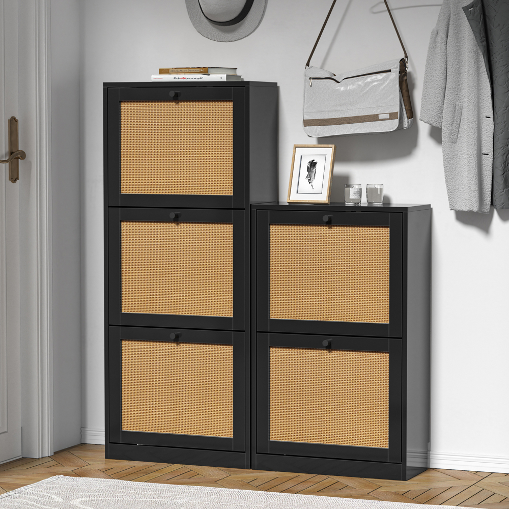 Anmytek Shoe Cabinet, 12 Pair Shoe Storage Organizer Cabinet, 3-Tier Rattan Shoe Cabinet with 3 Flip Drawers