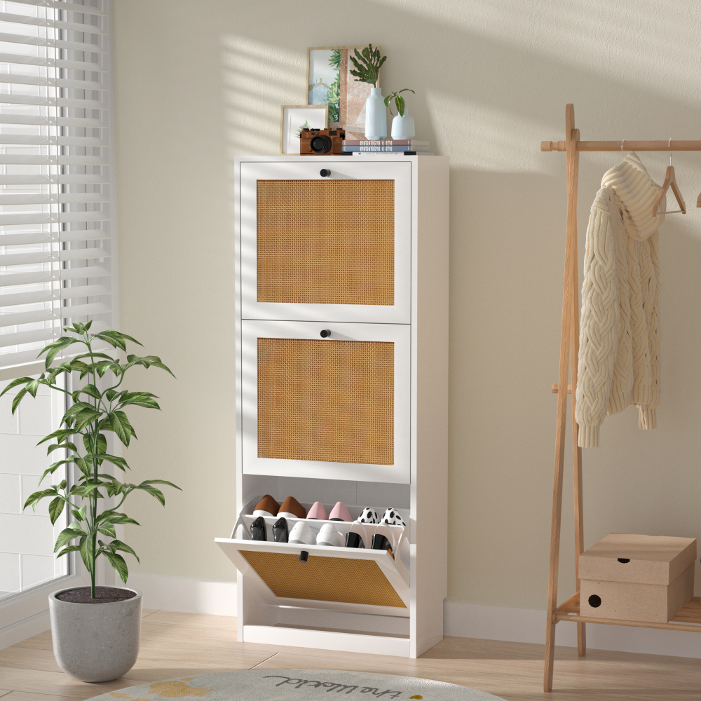 Anmytek Shoe Cabinet, 12 Pair Shoe Storage Organizer Cabinet, 3-Tier Rattan Shoe Cabinet with 3 Flip Drawers