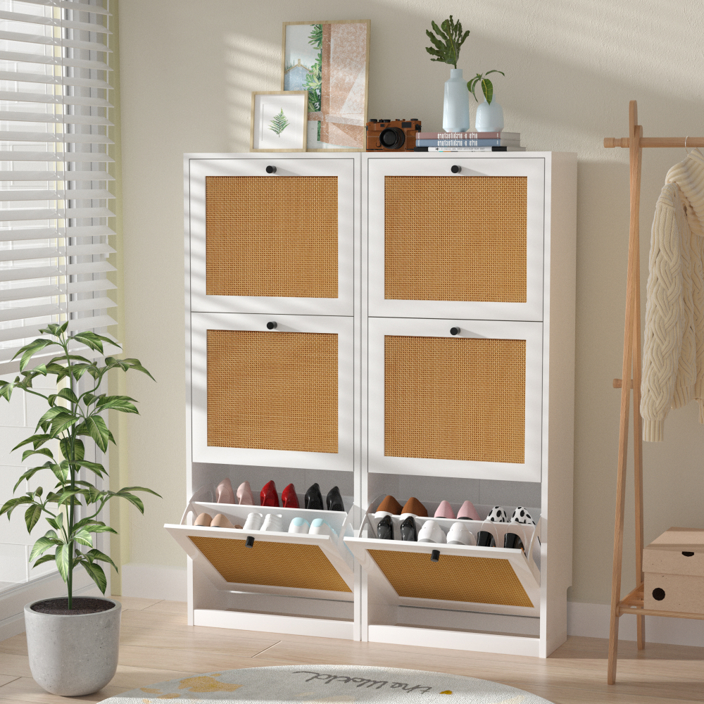 Anmytek Rattan Black Shoe Cabinet with 2 Flip Drawers, Narrow Shoe Storage Cabinet for Entryway