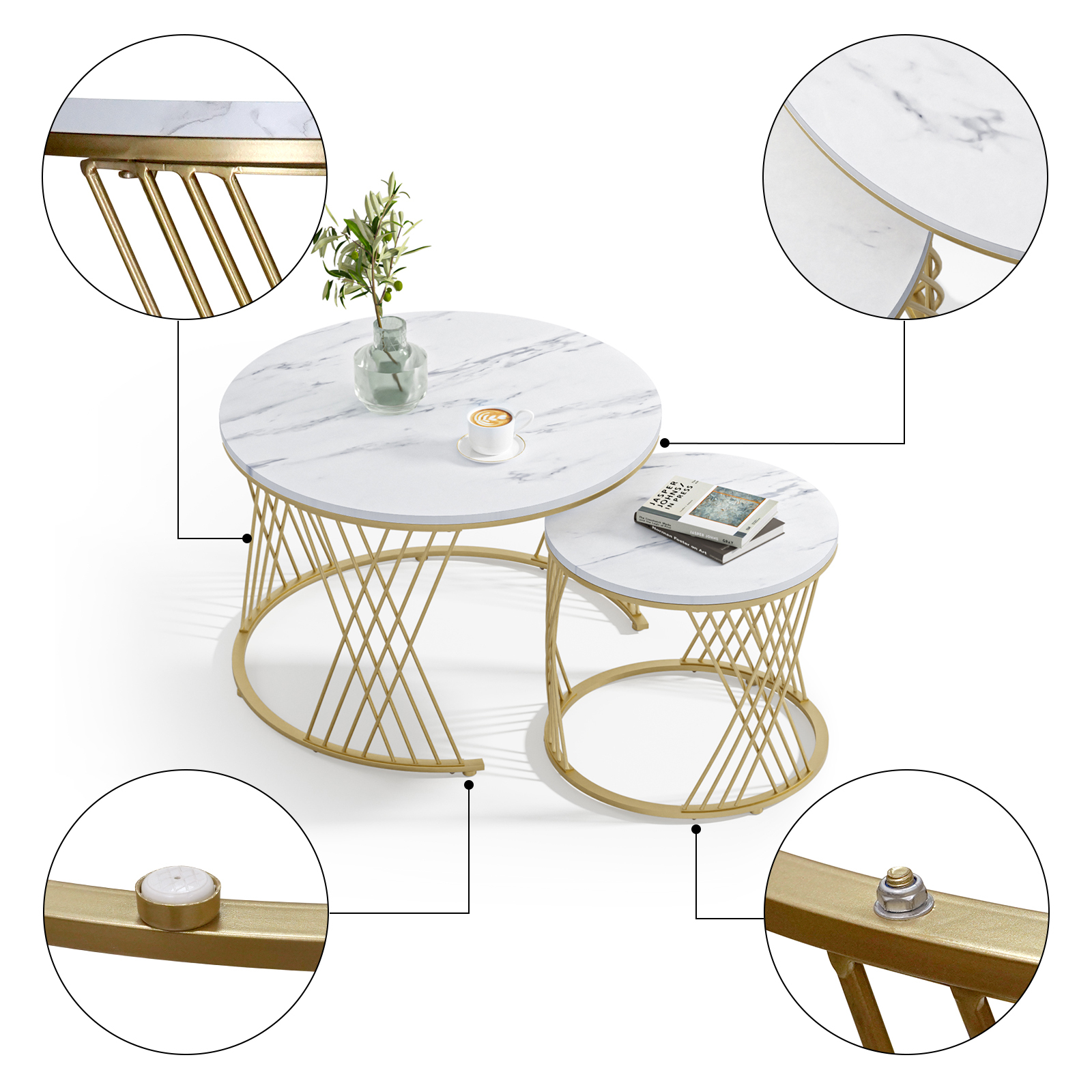 Anmytek Black Round Coffee Table Set of 2, Nesting Coffee Table