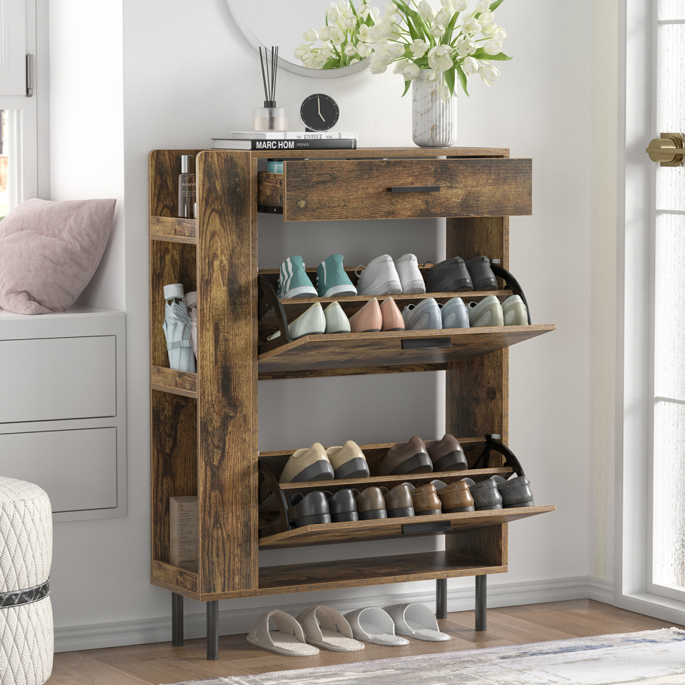 Anmytek White Shoe Cabinet with 2 Flip Drawers, Freestanding Shoe Rack Storage Organizer