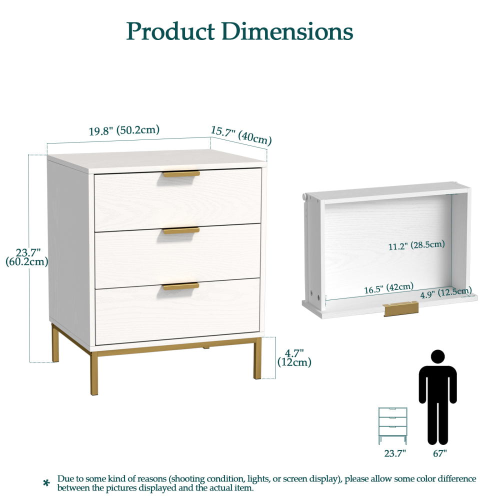 Anmytek Nightstand with 3 Drawers, Modern Wood Night Stand for Bedroom