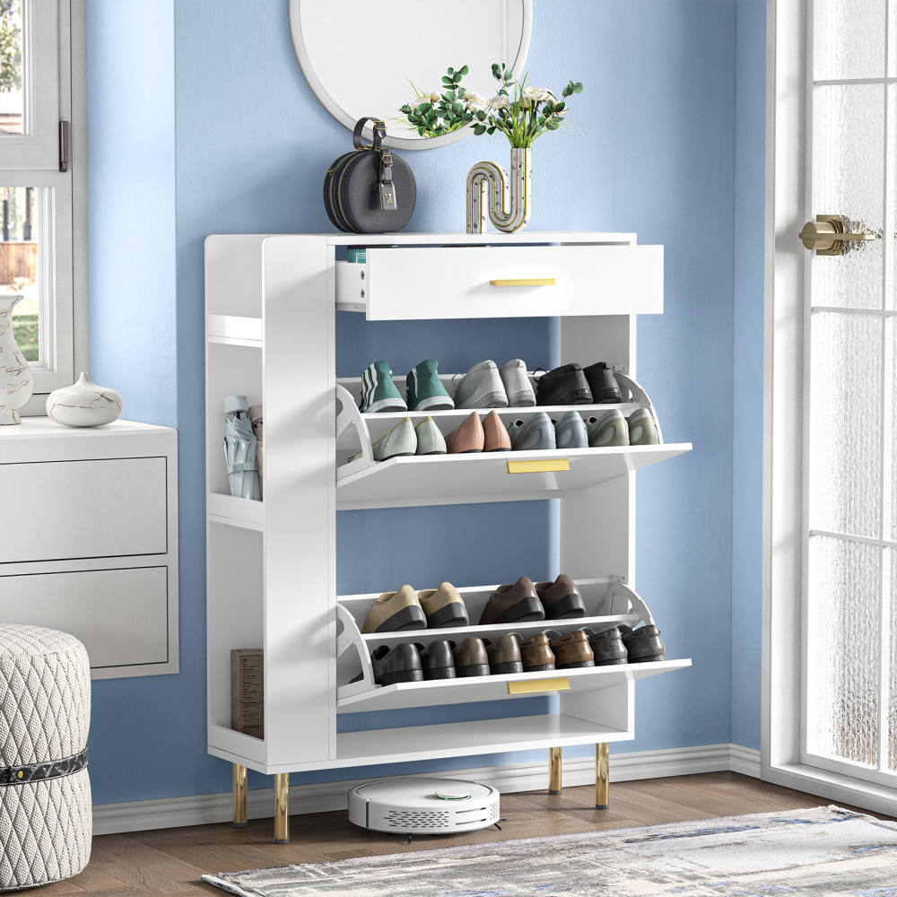 Anmytek Black Shoe Cabinet with 2 Flip Drawers, Modern Freestanding Shoe Rack Storage Organizer Cabinet with Drawers