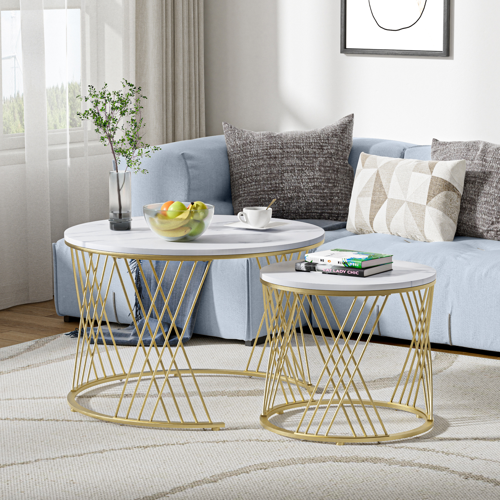 Anmytek Black Round Coffee Table Set of 2, Nesting Coffee Table