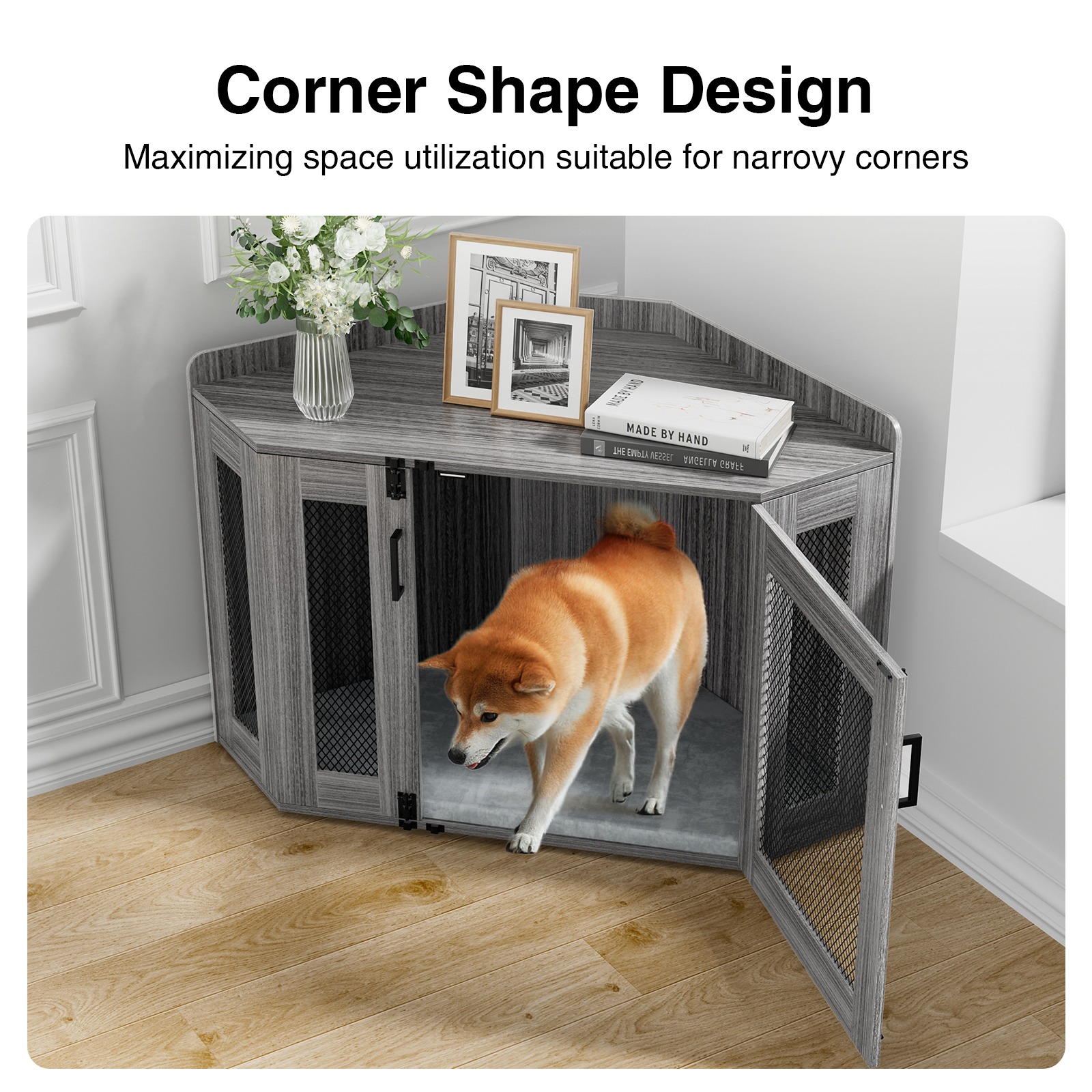 Anmytek Wooden Corner Dog Crate Furniture, Wooden Dog Kennel End Table
