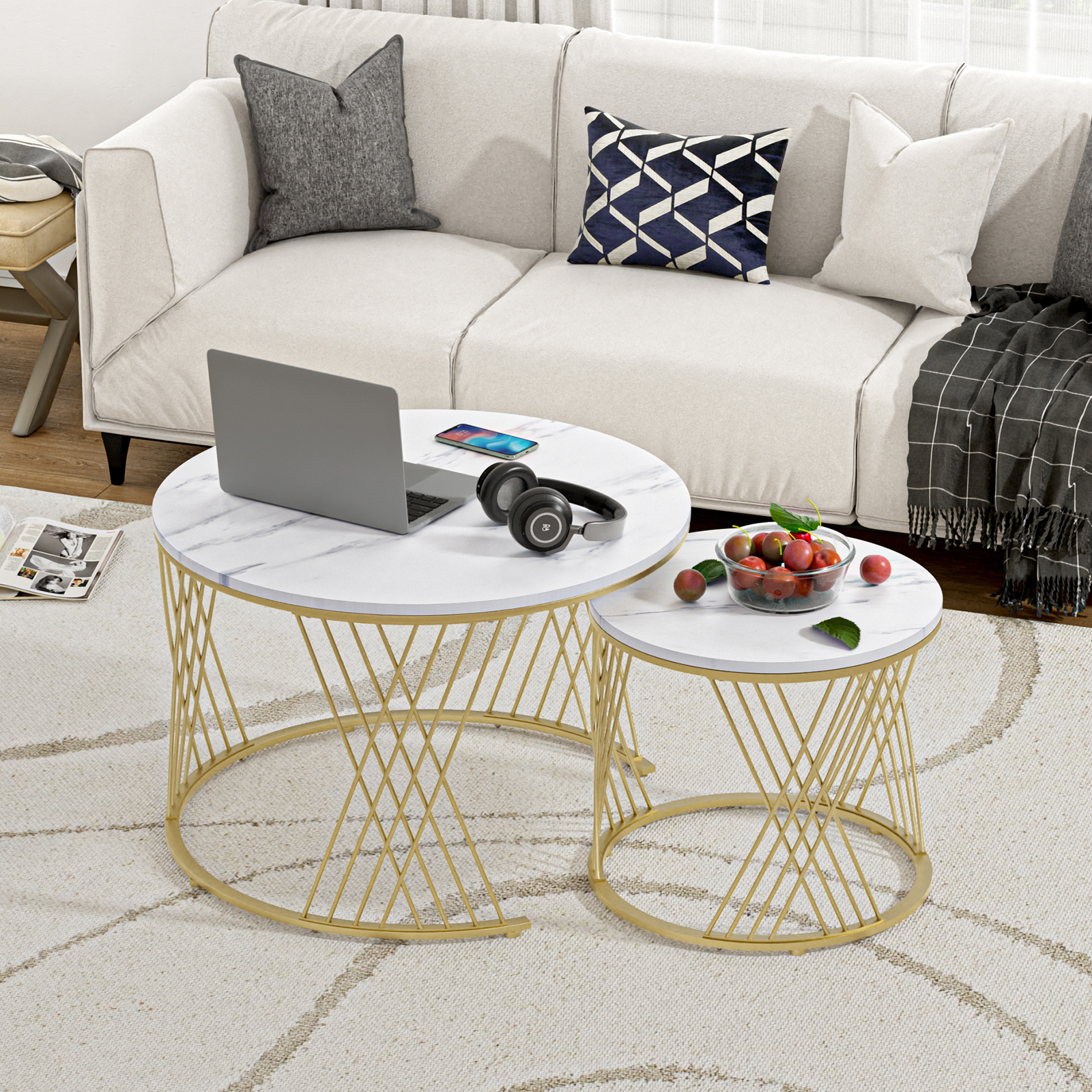 Anmytek Black Round Coffee Table Set of 2, Nesting Coffee Table