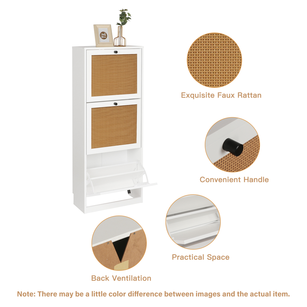 Anmytek Natural Rattan Shoe Storage Cabinet with 4 Flip Drawers, Freestanding Shoe Cabinet