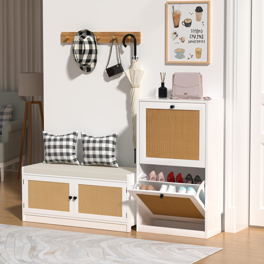 Anmytek Rattan Black Shoe Cabinet with 2 Flip Drawers, Narrow Shoe Storage Cabinet for Entryway