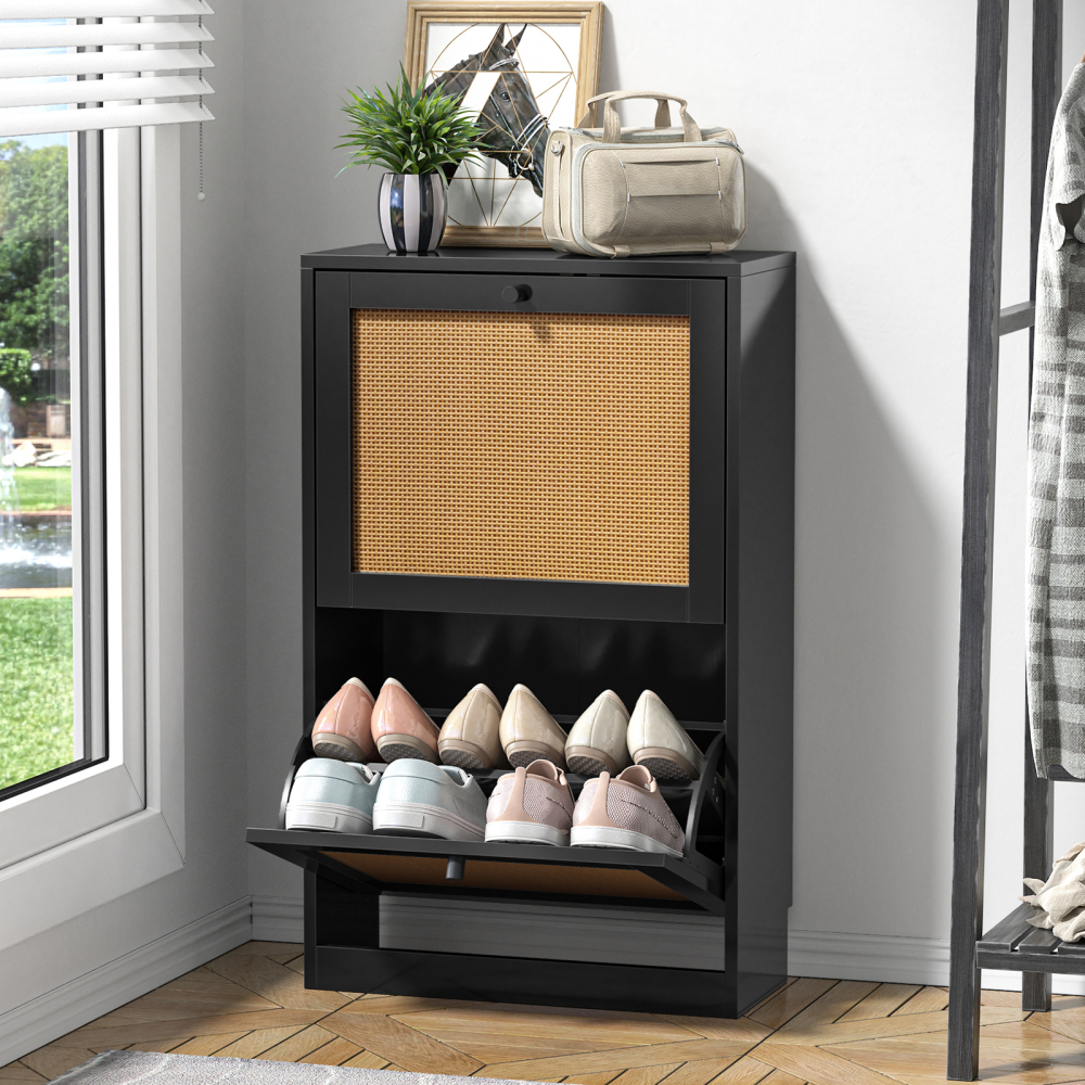 Anmytek Shoe Cabinet, 12 Pair Shoe Storage Organizer Cabinet, 3-Tier Rattan Shoe Cabinet with 3 Flip Drawers