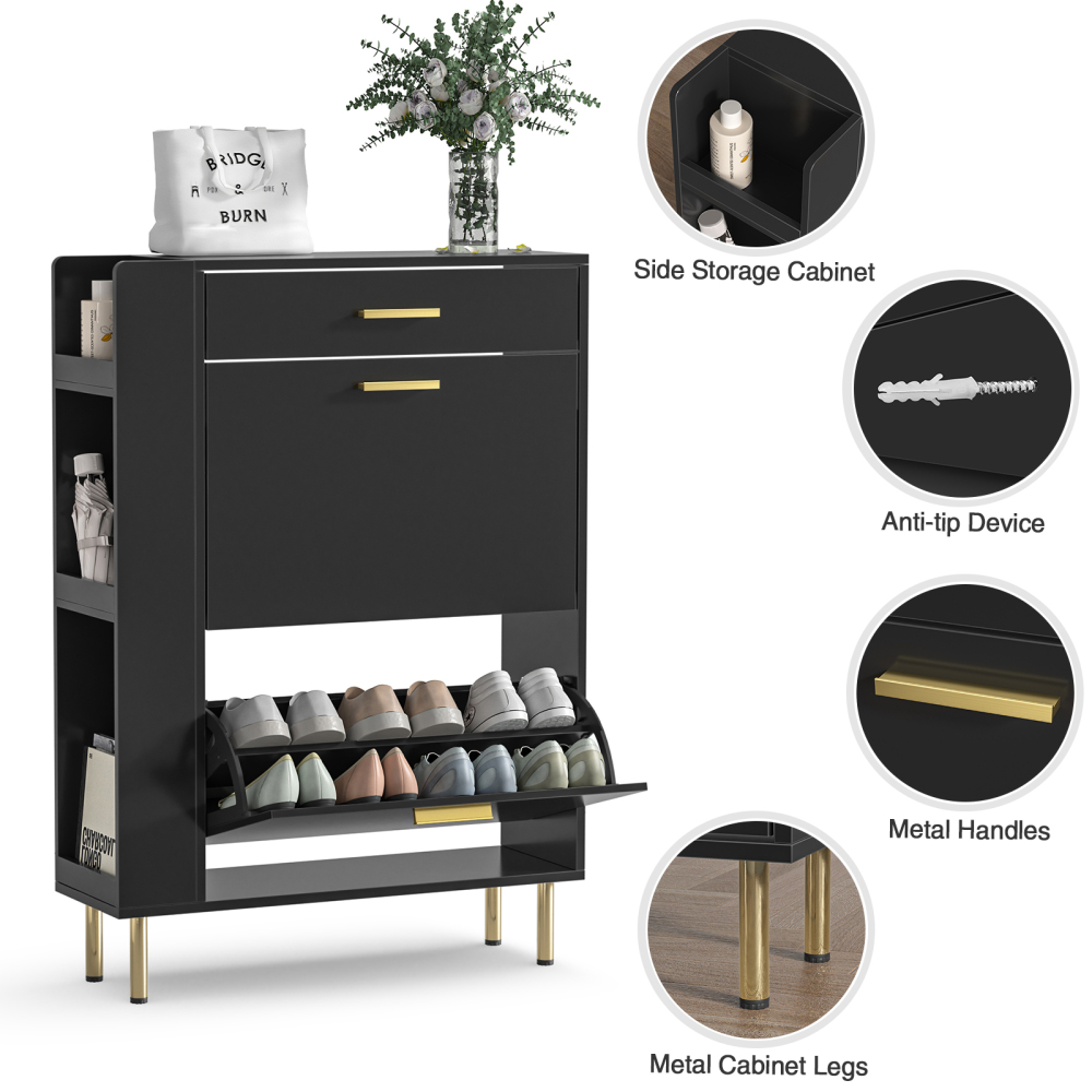 Anmytek White Shoe Cabinet with 2 Flip Drawers, Freestanding Shoe Rack Storage Organizer