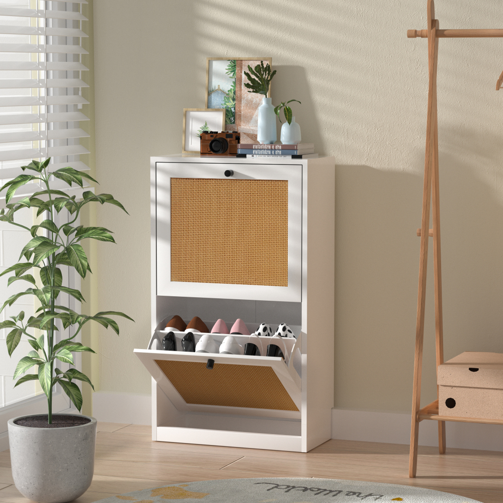 Anmytek Natural Rattan Shoe Storage Cabinet with 4 Flip Drawers, Freestanding Shoe Cabinet