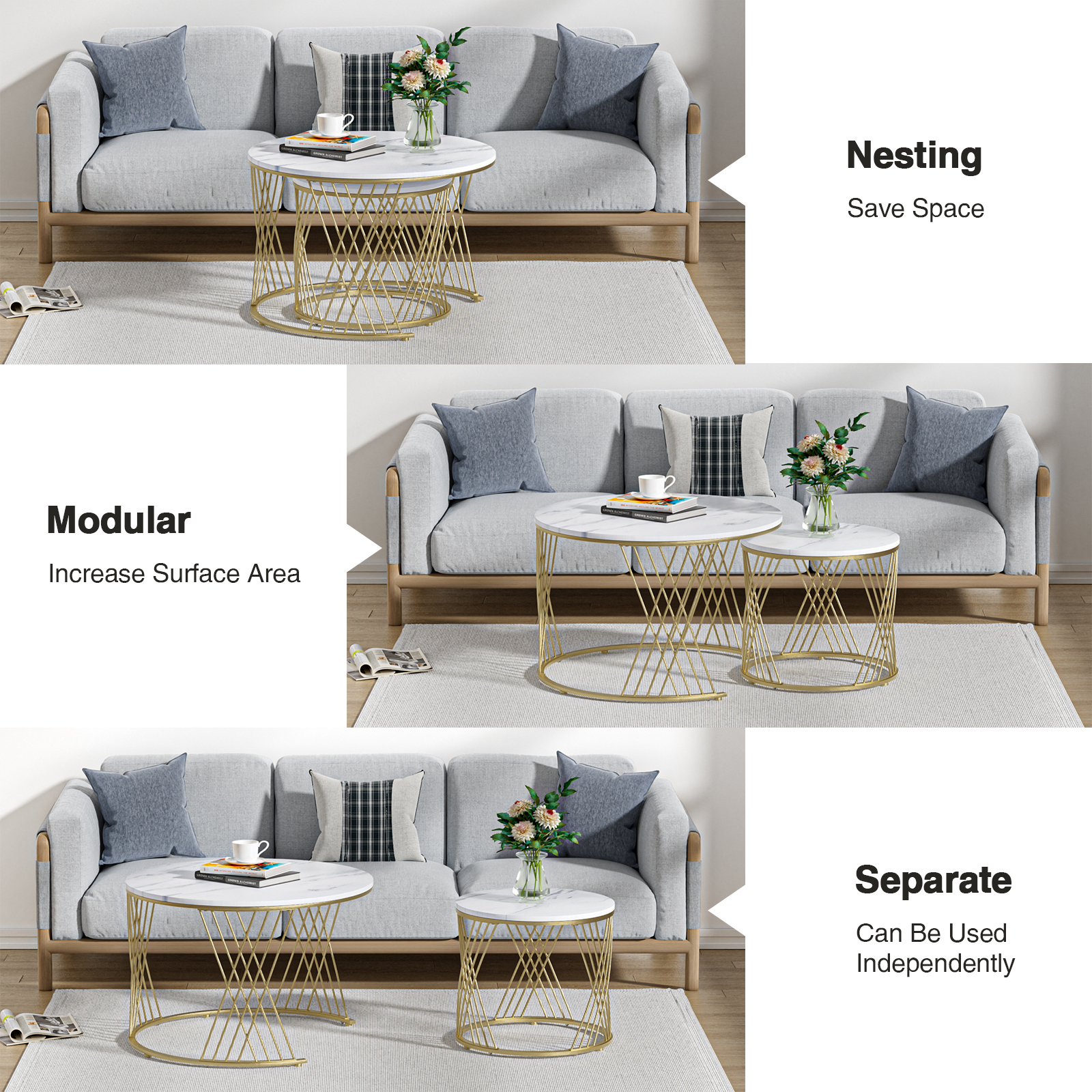 Anmytek Black Round Coffee Table Set of 2, Nesting Coffee Table