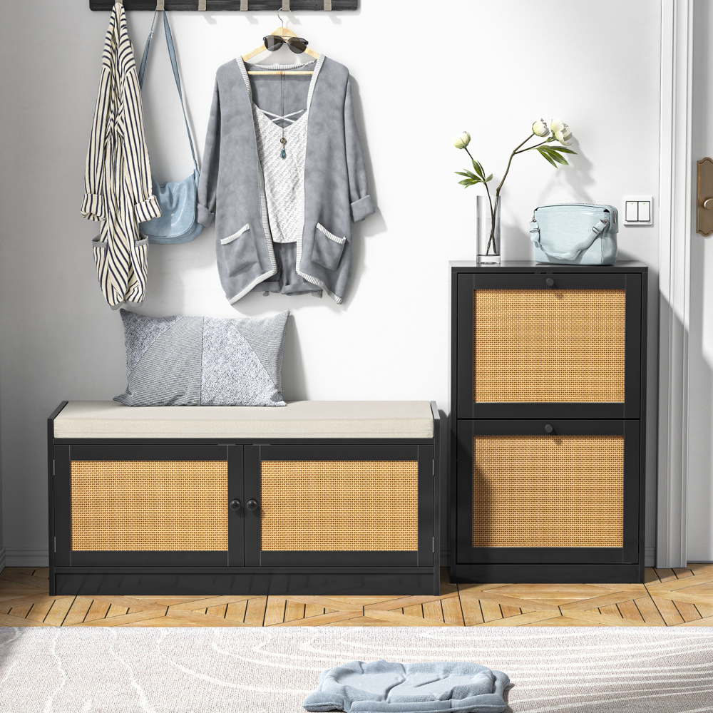 Anmytek Shoe Cabinet, 12 Pair Shoe Storage Organizer Cabinet, 3-Tier Rattan Shoe Cabinet with 3 Flip Drawers