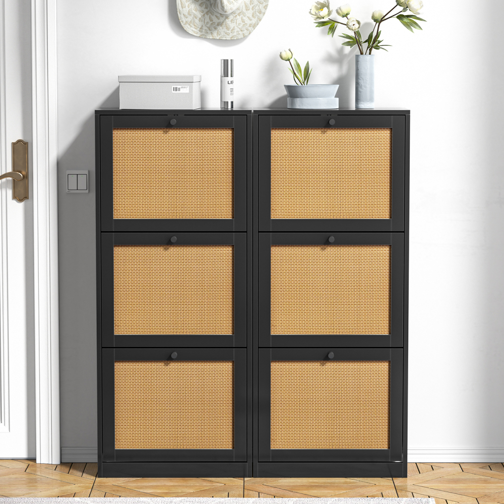 Anmytek Rattan Black Shoe Cabinet with 2 Flip Drawers, Narrow Shoe Storage Cabinet for Entryway
